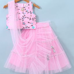 Babyhug Sleeveless Floral Embroided Choli with Shimmer Net Lehenga and Dupatta Set - Pink-image-19
