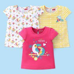 Babyhug Cotton Knit Cap Sleeves T-Shirts Toucan Bird Print Pack of 3 - Pink White & Yellow-image-31