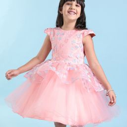 Mark & Mia Cap Sleeves Knee Length Partywear Frock with Floral Applique & Frill Design - Peach-96