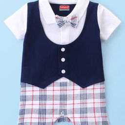 Babyhug Interlock 100% Cotton Knit Checkered Romper with Bow Applique - Navy Blue-image-78