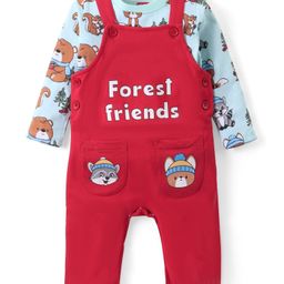 Babyhug Cotton Knit Full Sleeves T-Shirt & Dungaree Set with Bear Print - Red & Blue-image-71