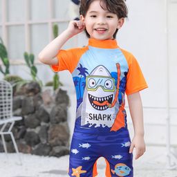 Bubble Berry Half Sleeves Shark Printed Swimsuit - Blue & Orange-image-99