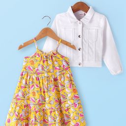Babyhug Single Jersey Knit Floral Printed Frock with Full Sleeves Solid Colour Jacket - White & Yellow-image-88
