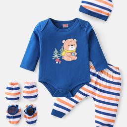 Babyhug 100% Cotton Knit Full Sleeves With Bear Print Onesie with Striped Leggings and Cap Mittens Booties-Navy Blue-image-99