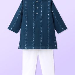 Babyhug Woven Full Sleeves Kurta Pyjama Set with Mirror Work Embroidery - Navy Blue-image-62