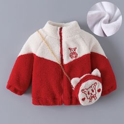 Kookie Kids Full Sleeves Front High Neck Fur Jacket With Side Purse - Red-image-51
