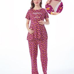 Bella Mama Cotton Knit Short Sleeves Nursing Night Suit Floral Print- Wine-image-99