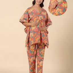 Ikk Kudi by Seerat Cotton Woven Three Fourth Batwing Sleeves Floral Printed Kaftan Top With Zipper Nursing Access & Pant Set - Orange-picture-23