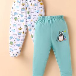 OHMS Single Jersey Footed Bootie Leggings with Sea Life & Animal Print Pack of 2 - White & Mint-image-91