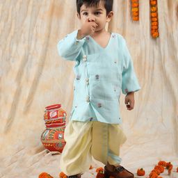 Polka Tots Cotton Full Sleeve Flower Embroidered Kurta  Dhoti  - Tuquoise-image-48