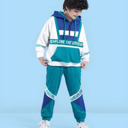 Ollington St. 100% Cotton Knit Full Drop Shoulder Sleeves Hooded Sweatshirt & Joggers Set with Text Print & Kangaroo Pockets - White& Green-image-33