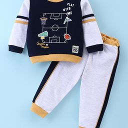 ToffyHouse 100% Cotton Knit Full Sleeves T-Shirt & Lounge Pants Set With Sports Patches - Light Grey & Black-image-42