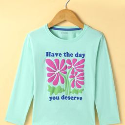 Doreme Single Jersey Knit Full Sleeves T-Shirt With Floral & Text Print - Sea Green-image-88