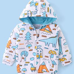 Babyhug Cotton Knit Full Sleeves Front Open Hooded Sweatjacket with Dino Print - White-picture-20