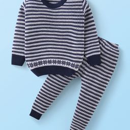 Babyhug Knitted Full Sleeves Pullover Striped DesignedSweater Set - Navy Blue-26