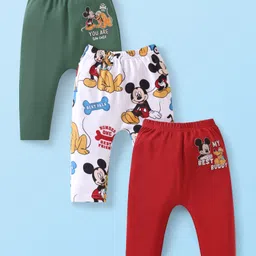 Babyhug Disney Cotton Knit Full Length Diaper Leggings With Mickey Mouse Graphics Pack Of 3 - Dark Green & Red-picture-41