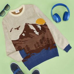 Pantaloons Junior Full Sleeves Mountain Theme Designed Sweater - Cream-image-23