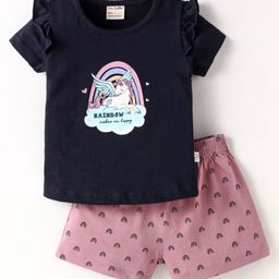 CUCUMBER Sinker Knit Half Sleeves Frill Detailing Shorts Night Suit with Unicorn Print - Navy Blue & Rose Gold-image-11