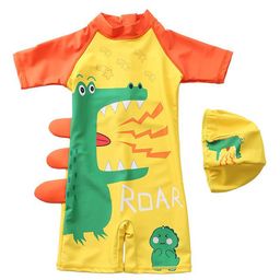 The Mom Store Half Sleeves Dinosaur Printed Swimsuit With Swimming Cap Set - Yellow & Orange-image-35
