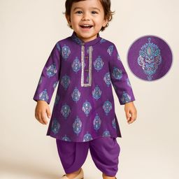 Earthy Touch Single Jersey Knit Full Sleeves Kurta Dhoti Set withFoil Print - Purple-picture-18