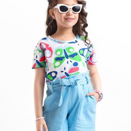 Ollington St. Cotton Knit Half Sleeves Butterfly Printed Top & Shorts Set- White & Sky Blue-picture-46