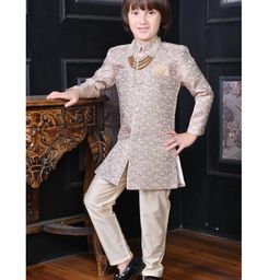 Ahhaaaa Jacquard Full Sleeves Floral Foil Printed Indo Western Sherwani & Pant Set - Beige-image-79