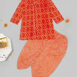 Little Ginnie Cotton Full Sleeves Bandhani Designed Kurta Dhoti Set - Orange-picture-0