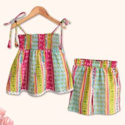 Peekaaboo Kids Pure Cotton Sleeveless Floral Printed Smocked Top & Cooordinating Shorts - Sky Blue-image-2