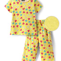Pine Kids Cotton Knit Half Sleeves Co-ords Night Suit with Heart Print - Yellow-picture-4