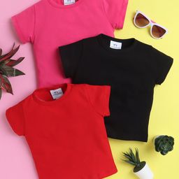 Knitting Doodles Pure Cotton Pack Of 3 Half Sleeves Solid Tee - Red Black & Dark Pink-image-41