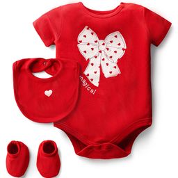 Doodle Poodle 100% Cotton Knit Half Sleeves Onesie With Bib & Booties with Bow Print - Red-image-55