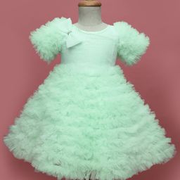 Bluebell Tissue Woven Half Sleeves Party Dress With Ruffle Detailing & Bow Applique - Sea Green-image-91