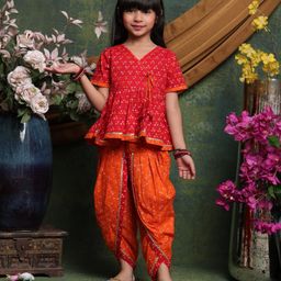 Saka Designs By Sapna Cotton Woven Half Sleeves Bandhani Designed Gota Lace Embellished Coordinating Dhoti Kurti Set - Red & Orange-image-52