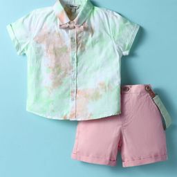 ToffyHouse Poplin Woven Half Sleeves Tie & Dye Printed Shirt & Shorts With Bow & Suspender - Light Green & Peach-image-33
