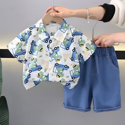 Googo Gaaga Cotton Knit Half Sleeves Jeep & Baby Dinosaur Printed Shirt & Shorts Set - White-image-89