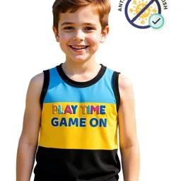 COCOON ORGANICS 100% Cotton Knit Sleeveless Play Time Text Printed Anti Microbial Stretchable Tees - Yellow Black & Sky Blue-picture-17