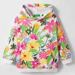 UCB Cotton Knit Full Sleeves Hooded Sweatshirt With Floral Print & Kangaroo Pockets - White-picture-48