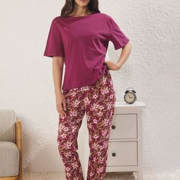 Trendyol Women Floral Printed Pure Cotton T-shirt & Pyjamas Night suit-picture-43