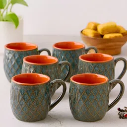 Unravel India Grey & Orange 6 Pieces Textured Ceramic Cups-picture-33