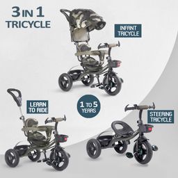 Babyhug Plug & Play Apache Tricycle with Parental Handle and Printed Canopy Military Theme - Green image 2
