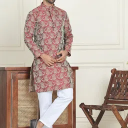 Anouk Maroon Floral Woven Design Mandarin Collar Kurta With Pyjamas-picture-43