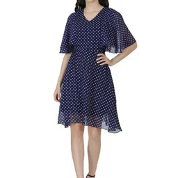 Warsian Polka Dots Printed Flared Sleeves Georgette Fit & Flare Dress-4