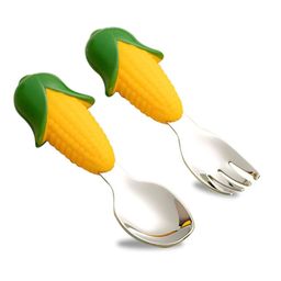 nimbose Nimbose® Steel Spoon & Fork Set for Babies with Soft Silicone Handles, Washable and Reusable Flatware, 1 Spoon & 1 Fork (Corn/Maize Design) image 1