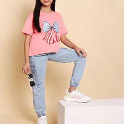 HERE&NOW Girls Printed Short Sleeves Pure Cotton T-shirt With Joggers-picture-5