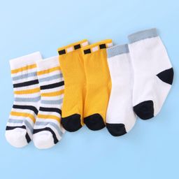 Cute Walk by Babyhug Cotton Blend Ankle Length Anti Bacterial Socks Stripes Design Pack of 3 - White & Yellow-image-89