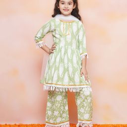 AJ Dezines Three Fourth Sleeves Paisley & Floral Motif Printed With Tassel Hem Detailed Coordinating Kurta & Sharara Set - Green-image-21