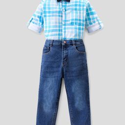 Ollington St. 100% Cotton Full Sleeves Checkered Shirt & Jeans Party Wear Set with Bow - White & Indigo Blue-picture-1