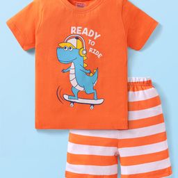 Babyhug Single Jersey Knit Half Sleeves Short Set Striped & Dino Print - Orange-image-83