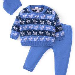 Babyhug Knitted Full Sleeves Pullover Sweater Set with Cap & Reindeer Design - Blue-image-69