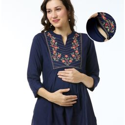 Bella Mama WovenThree Fourth Sleeves Maternity Top With Floral Embroidered Yoke & Side Pocket - Navy Blue-image-11